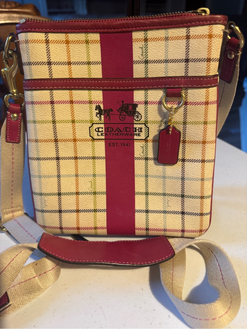 COACH Tattersall Cream Plaid Crossbody Bag